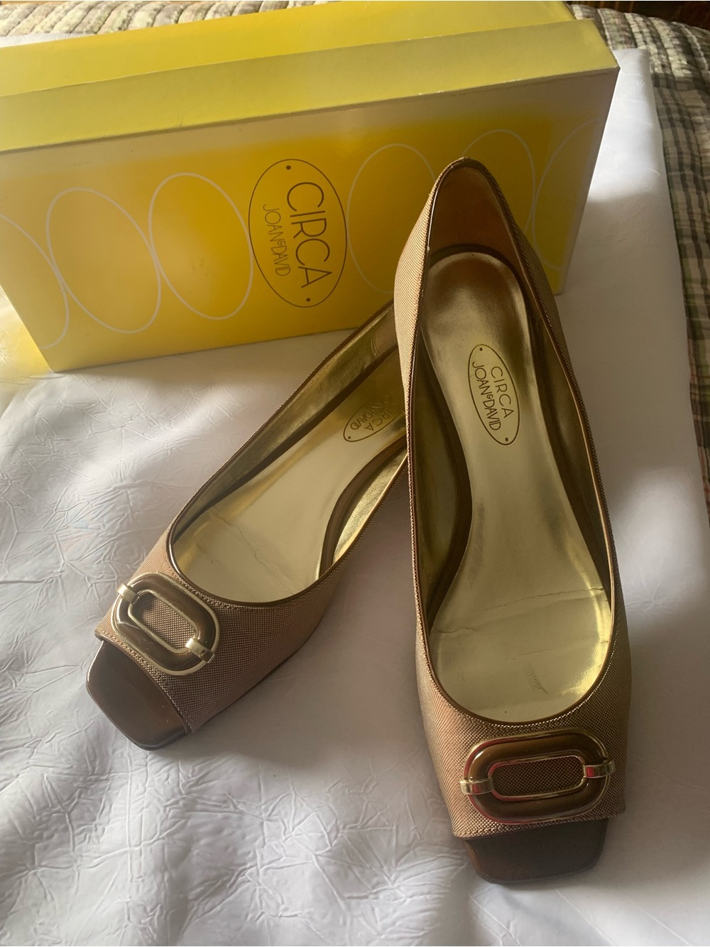 Circa byJoan & David Brown Peep-Toe Flats with Gold Buckle, size 8M